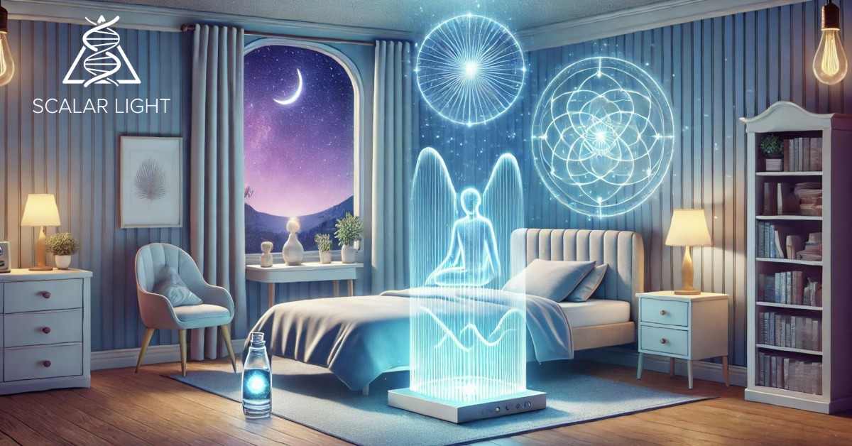 Illustration showcasing practical applications of scalar energy for sleep, featuring a serene bedroom with a scalar energy device emitting glowing waves, a glass of scalar-infused water on a bedside table, and a pendant near a pillow, creating a calming and holistic sleep environment.