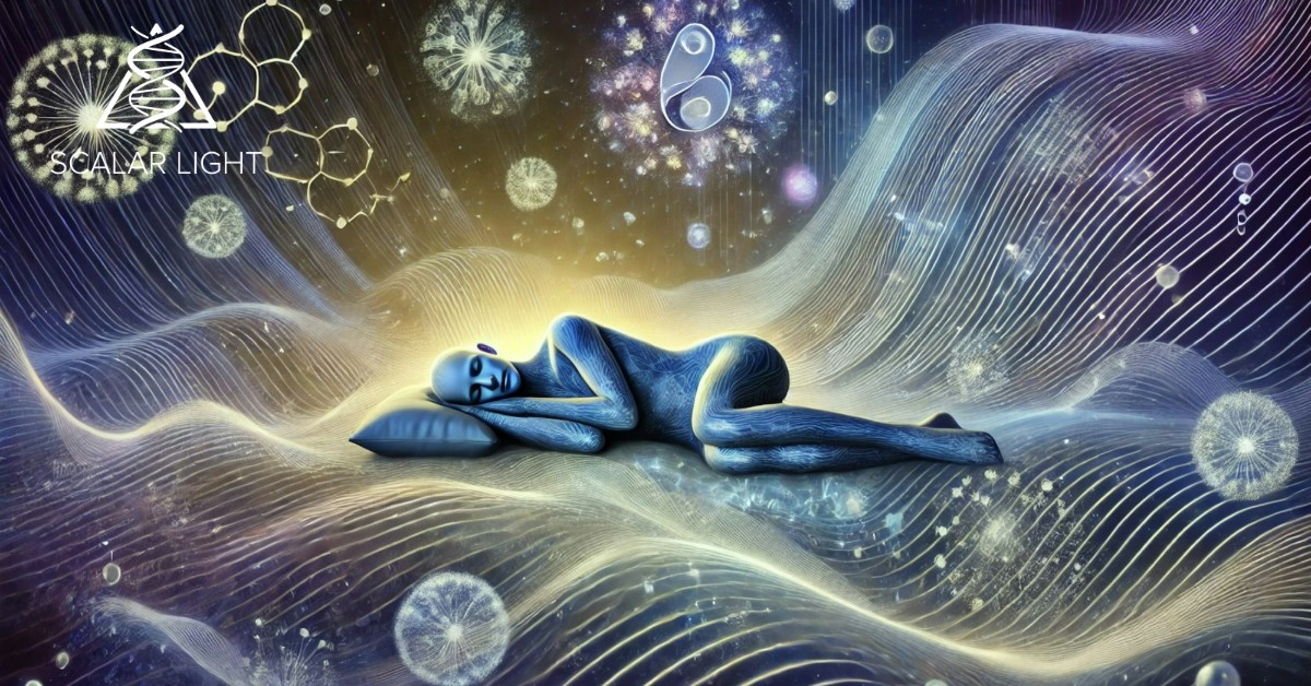 Illustration depicting the physical benefits of scalar energy for sleep, featuring a serene sleeping figure surrounded by harmonious scalar energy waves symbolizing cellular regeneration, circulation, and detoxification, with a calming night sky and glowing energy patterns in the background.